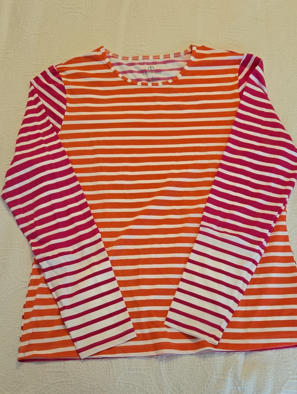 Lands End Long-Sleeve Striped Swim Top Rash Guard- Size Large Orange & Pink
